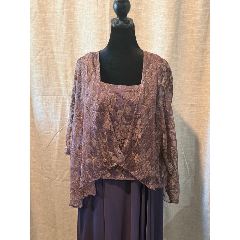 Patra Purple Gold Metallic Lace Maxi Dress with Jacket Set Sz 18 Formal Evening